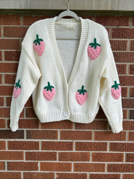 Dreamers By Debut Sweaters - Cottagecore Cream Knit Cardigan with Pink Strawberry Appliqués